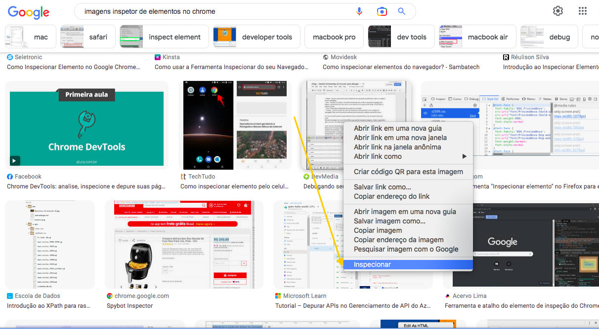 interface gráfica do usuário, botão direito na página do buscador google para acessar o inspetor de elemento